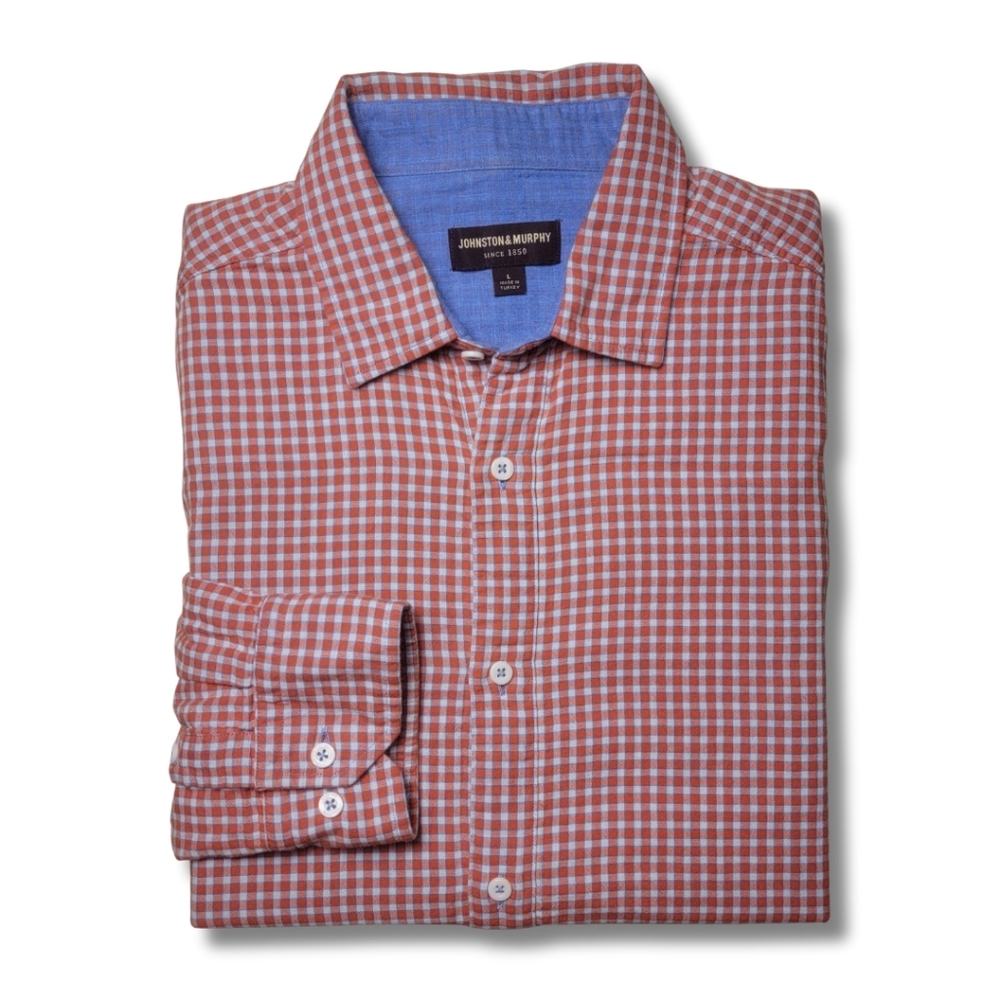Johnston & Murphy Double-Layer Long-Sleeve Shirt - Orange/Blue Gingham